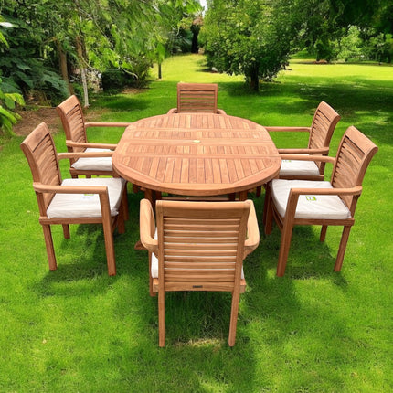 Teak Deluxe Garden Furniture Set 120cm - 170cm Oval Dining Table 4cm Thick & 6 Enclave Stacking Chairs With Cushions