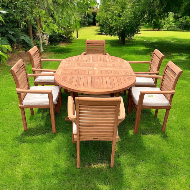 Teak Deluxe Garden Furniture Set 120cm - 170cm Oval Dining Table 4cm Thick & 6 Enclave Stacking Chairs With Cushions