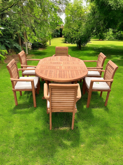 Teak Deluxe Garden Furniture Set 120cm - 170cm Oval Dining Table 4cm Thick & 6 Enclave Stacking Chairs With Cushions