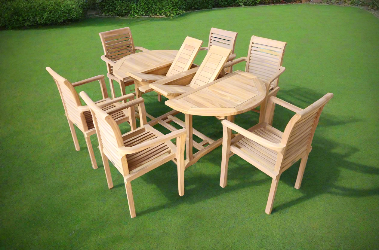 Teak Deluxe Garden Furniture Set 120cm - 170cm Dining Table 4cm Thick & 6 Chairs With Cushions