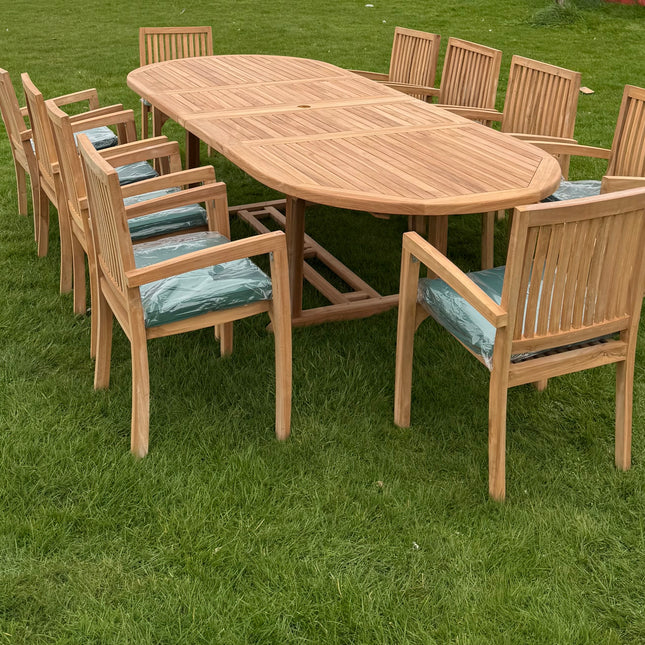 Teak Deluxe Garden Furniture Set 200cm - 300cm Dining Table 4CM Thick & 10 Elysian Chairs With Cushions