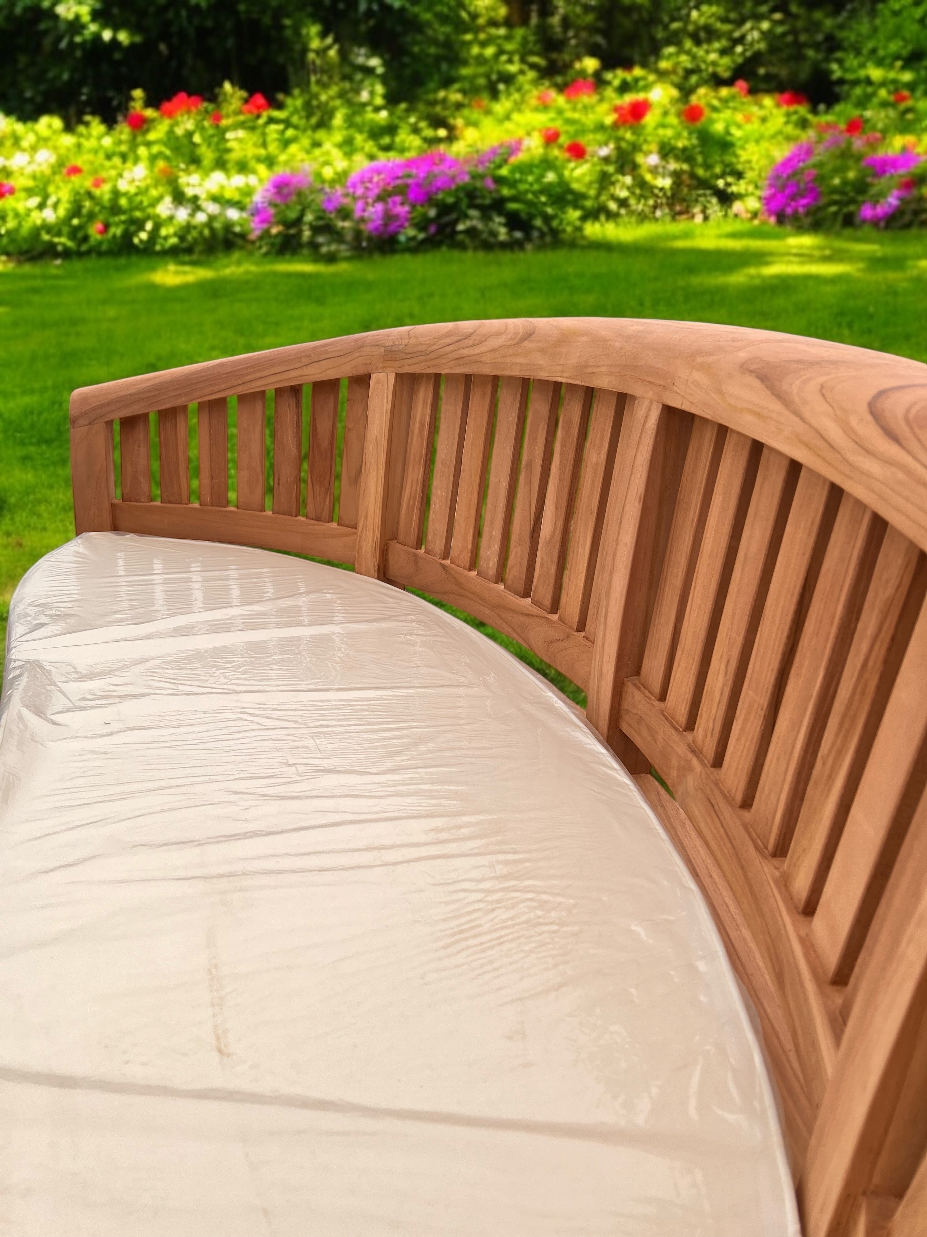 Teak Bench Rounded Teak Vertical Harmony Curved Garden Bench With Coffee Table Extra Thic ...