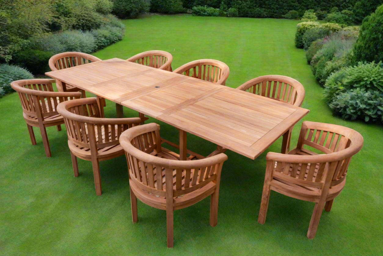 Teak Deluxe Garden Furniture Set 200cm - 300cm Rectangle Dining Table 4CM Thick & 8 Deluxe Banana Chairs With Cushions