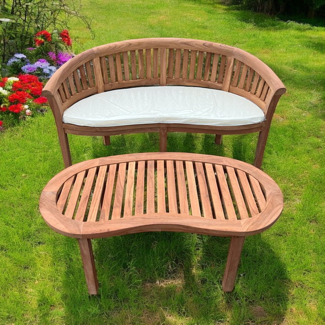 Teak Vertical Harmony Curved Garden Bench With Coffee Table Extra Thick (Deluxe) Two Piece Garden Set