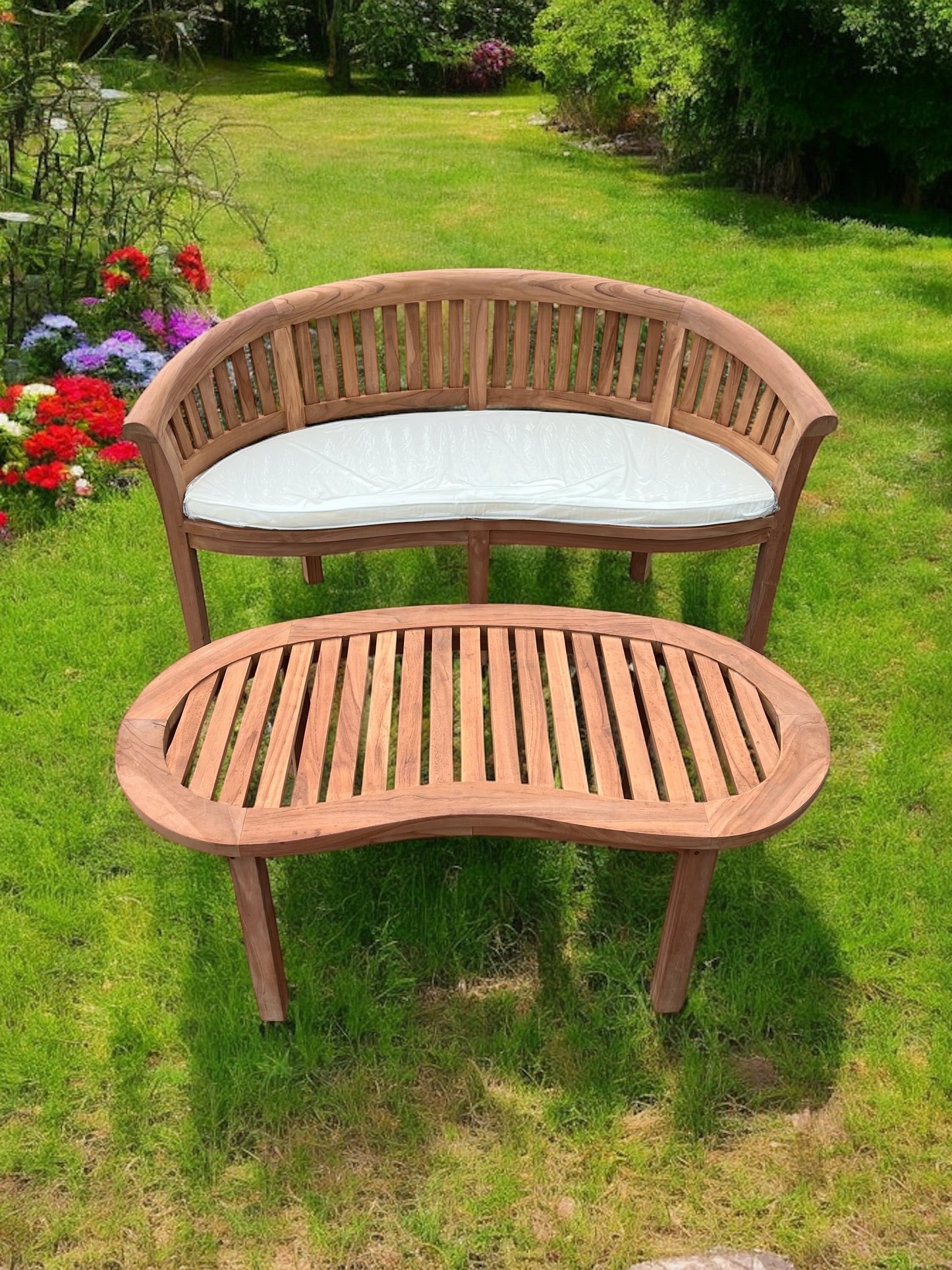 Teak Banana Curved Garden Bench With Coffee Table Two Piece Set