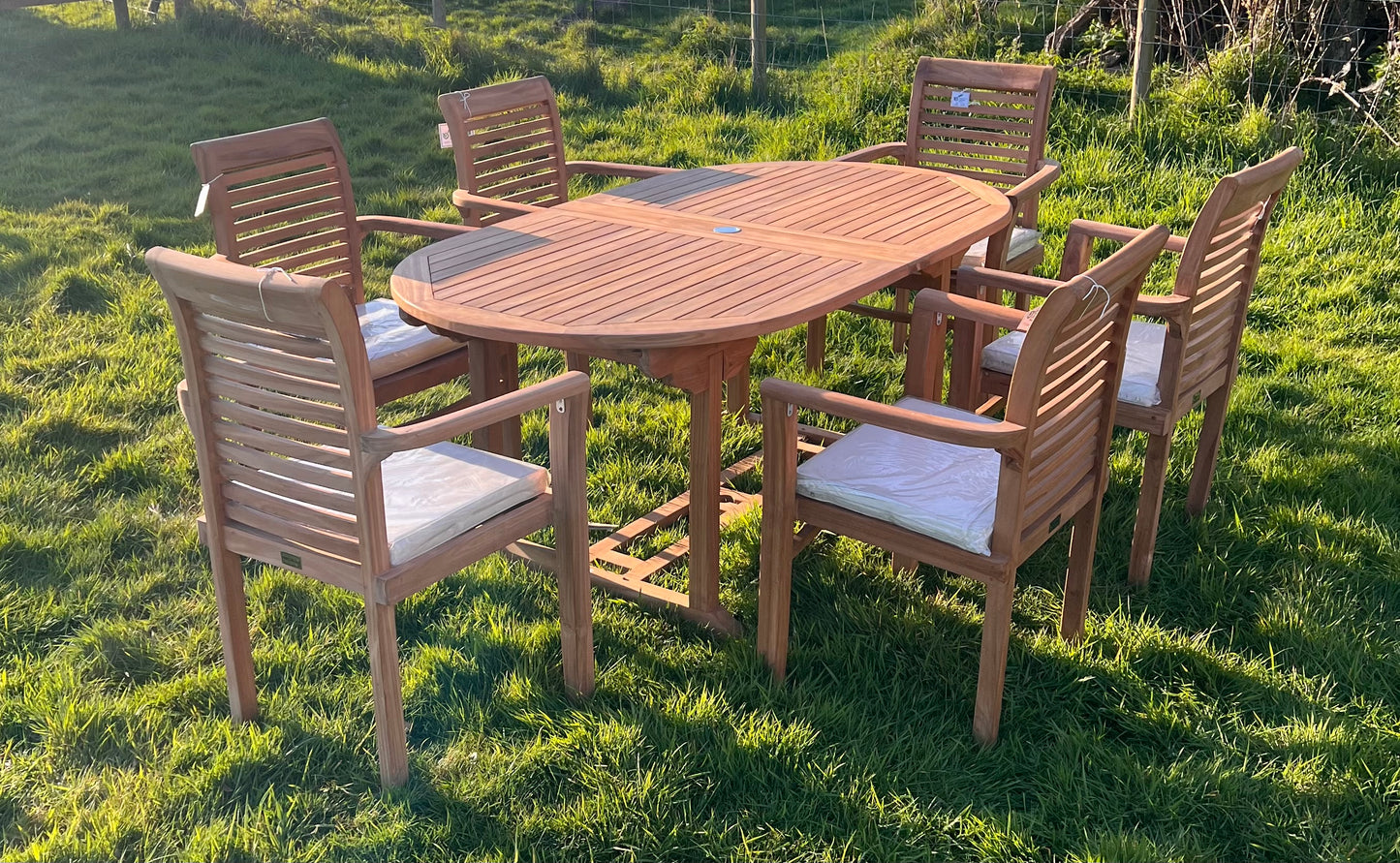 Teak Garden Furniture Set 180cm - 240cm Dining table & 6 Chairs with Cushions