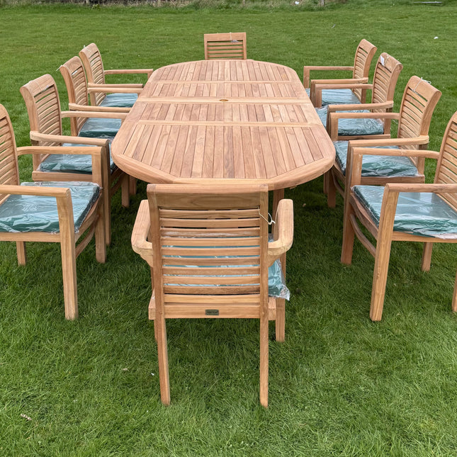 Teak Deluxe Garden Furniture Set 200cm - 300cm Dining Table 4CM Thick & 10 Enclave Chairs With Cushions