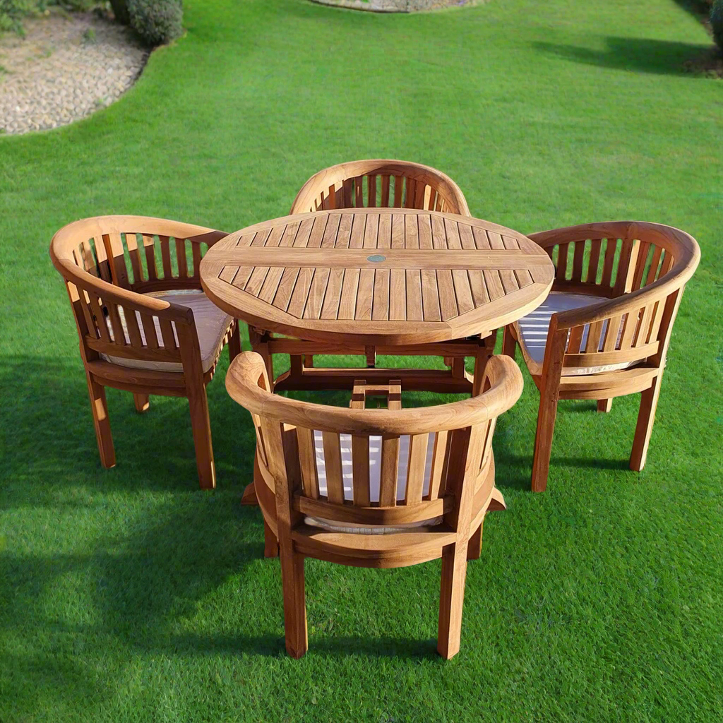 Teak Deluxe Garden Furniture Set 120cm - 170cm Dining Table & 4 Banana Chairs With Cushions!