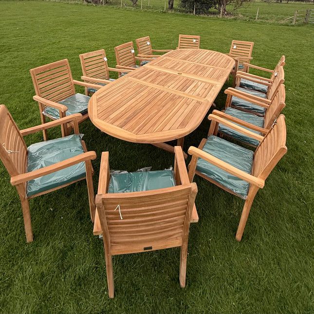 Teak Deluxe Garden Furniture Set 200cm - 300cm Dining Table 4CM Thick & 12 Chairs With Cushions