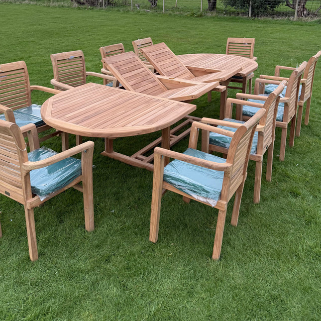 Teak Deluxe Garden Furniture Set 200cm - 300cm Dining Table 4CM Thick & 10 Enclave Chairs With Cushions