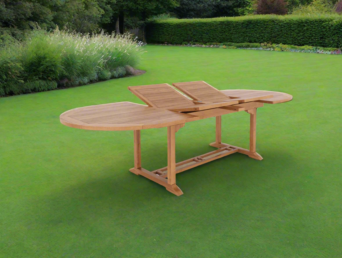 Teak Deluxe Garden Furniture Set 200cm - 300cm Dining Table 4CM Thick & 12 Chairs With Cushions