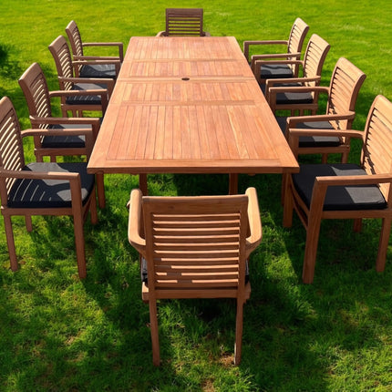 Teak Deluxe Garden Furniture Set 200cm - 300cm Dining Table 4CM Thick & 10 Chairs With Cushions