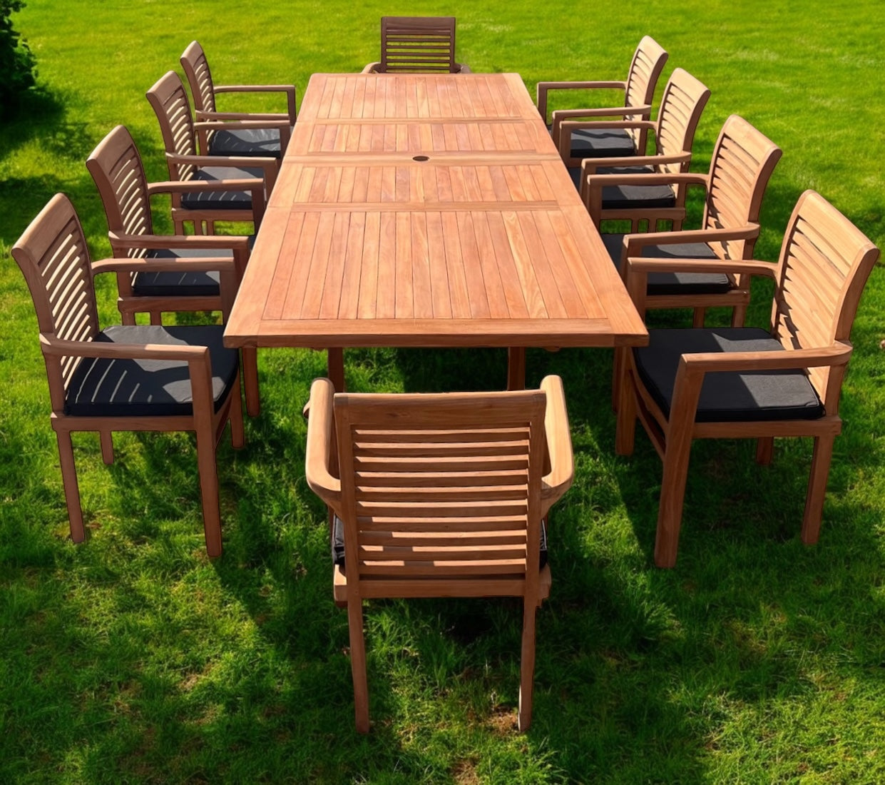 Teak Deluxe Garden Furniture Set 200cm - 300cm Dining Table 4CM Thick & 10 Chairs With Cushions