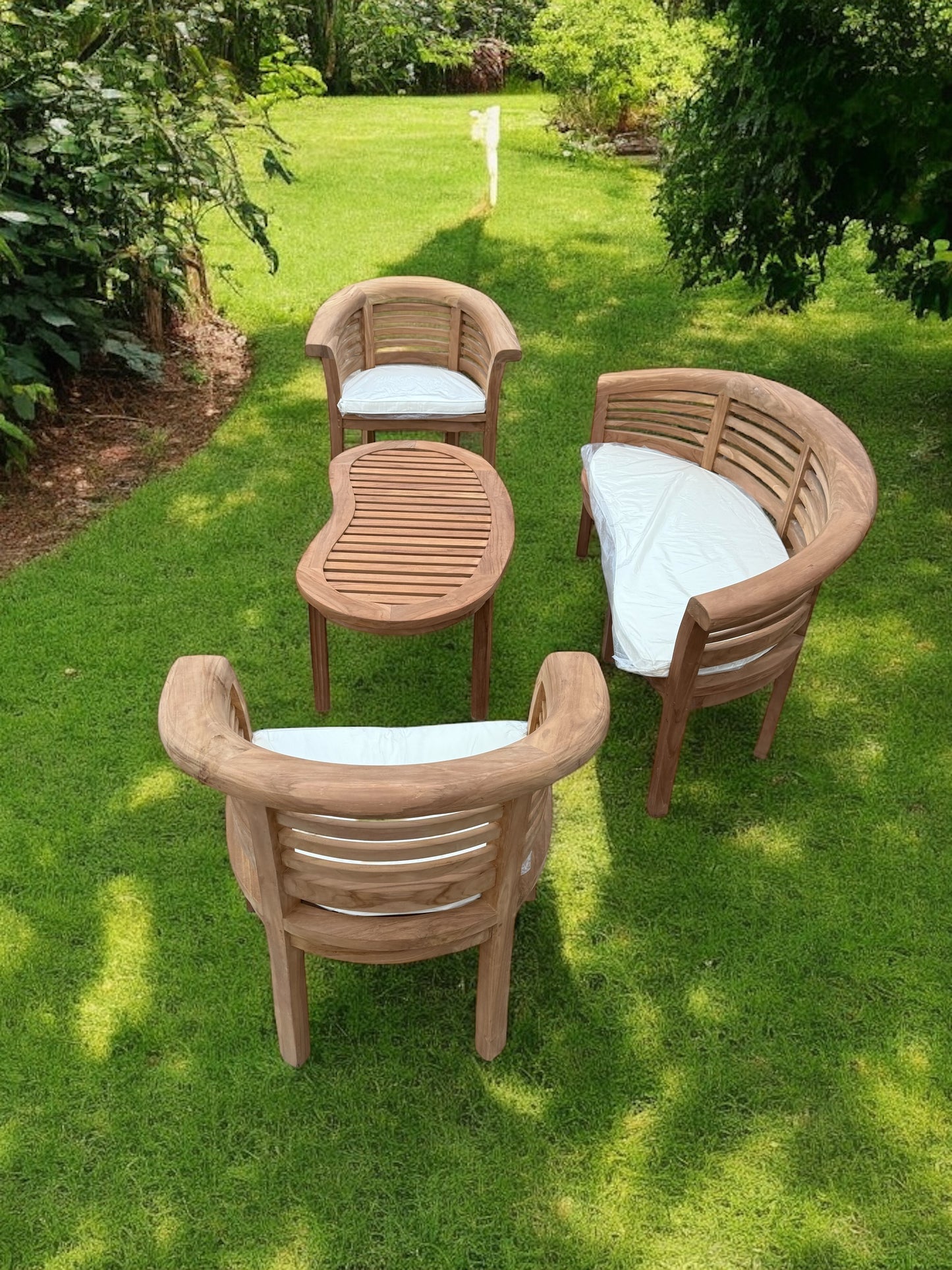 Teak Banana Curved Garden Bench Set Horizontal Extra Thick Four Piece