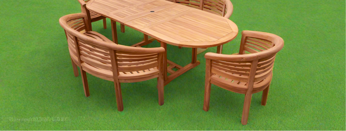 Teak Garden Furniture Set 180cm - 240cm Dining table, 2 Horizontal Banana Benches & 2 Horizontal Banana Chairs with Cushions