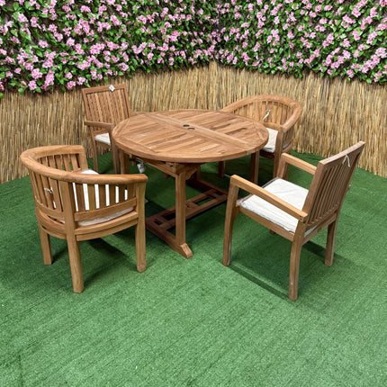 Teak Deluxe Garden Furniture Set 4 Seater 120cm - 170cm Dining Table 2 Elysian Stacking Chairs & 2 Harmony Chairs With Cushions