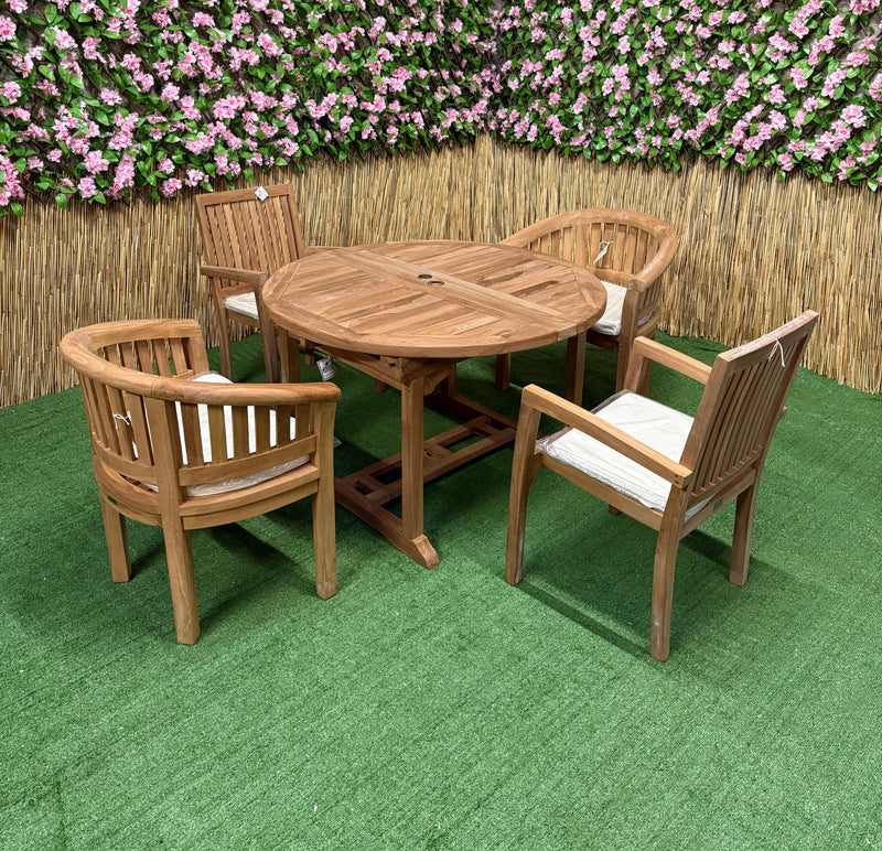 Teak Deluxe Garden Furniture Set 4 Seater 120cm - 170cm Dining Table 2 Elysian Stacking Chairs & 2 Harmony Chairs With Cushions