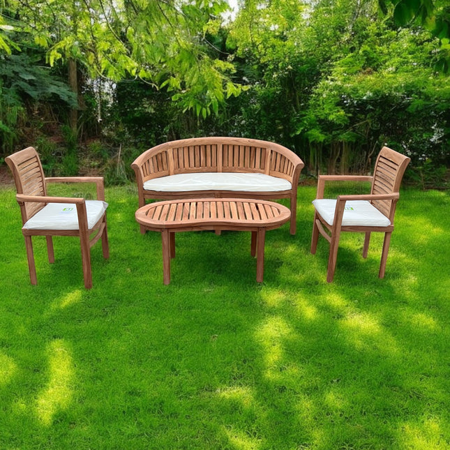 Teak Vertical Harmony Curved Garden Bench Set Coffee Table Two Enclave Stacking Chairs Four Piece