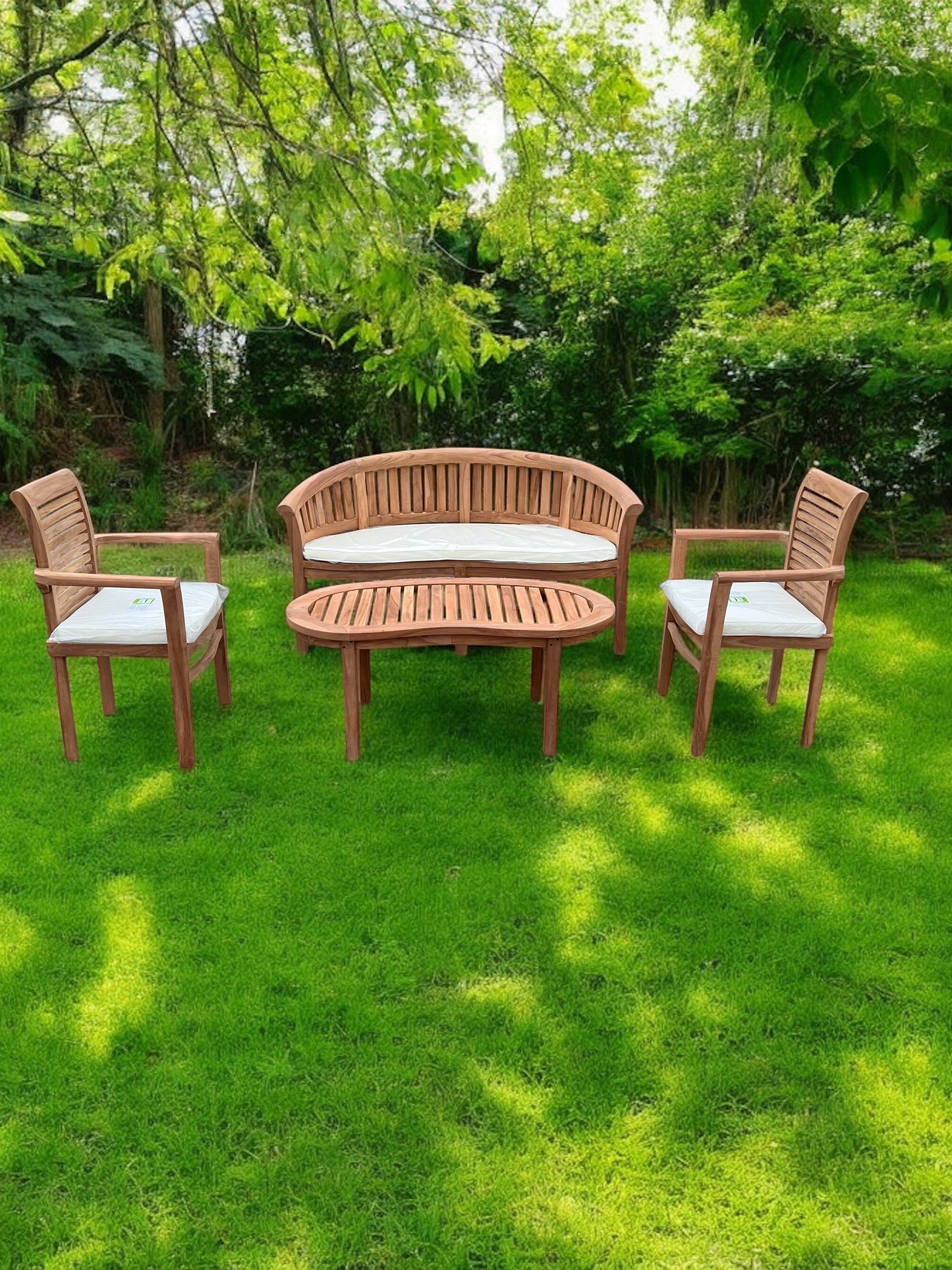 Teak Banana Curved Garden Bench Set Bench Coffee Table & Two Chairs Four Piece