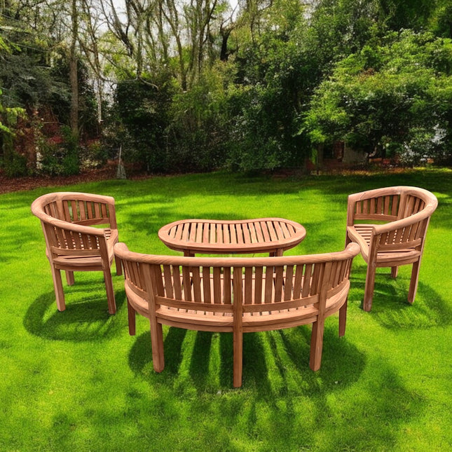 Teak Harmony Curved Garden Bench Set Vertical With Coffee Table Four Piece