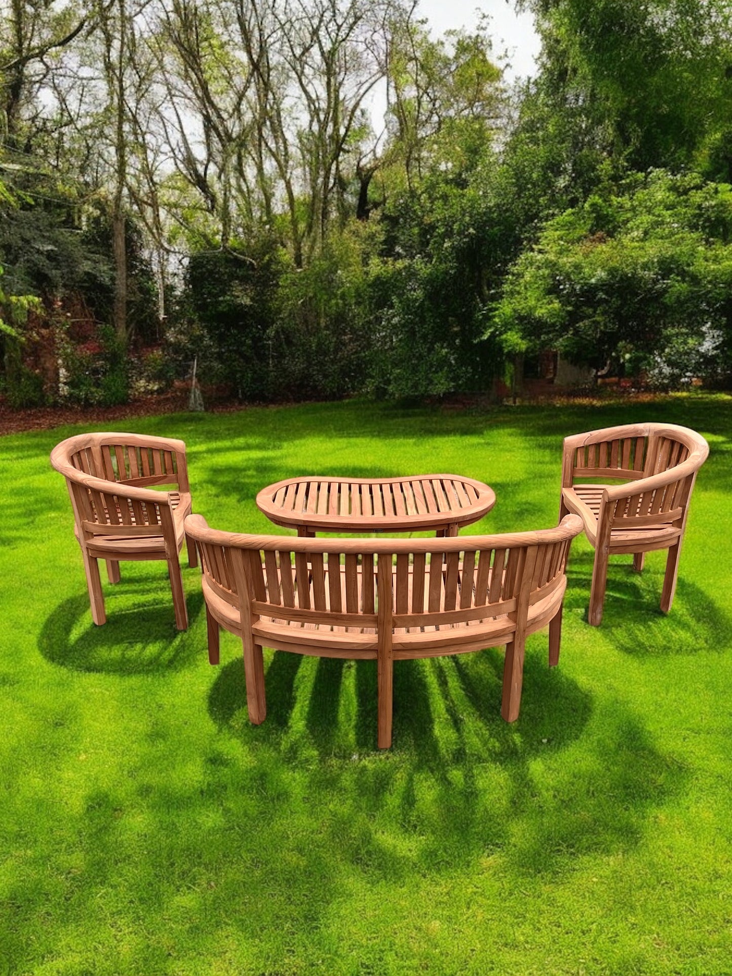 Teak Banana Curved Garden Bench Set With Coffee Table Four Piece