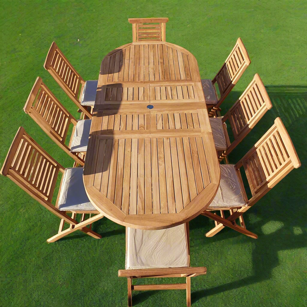 Teak Garden Furniture Set 180cm - 240cm Dining table & 8 Foldable Chairs with Cushions!