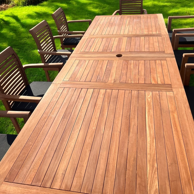 Teak Deluxe Garden Furniture Set 200cm - 300cm Dining Table 4CM Thick & 10 Chairs With Cushions