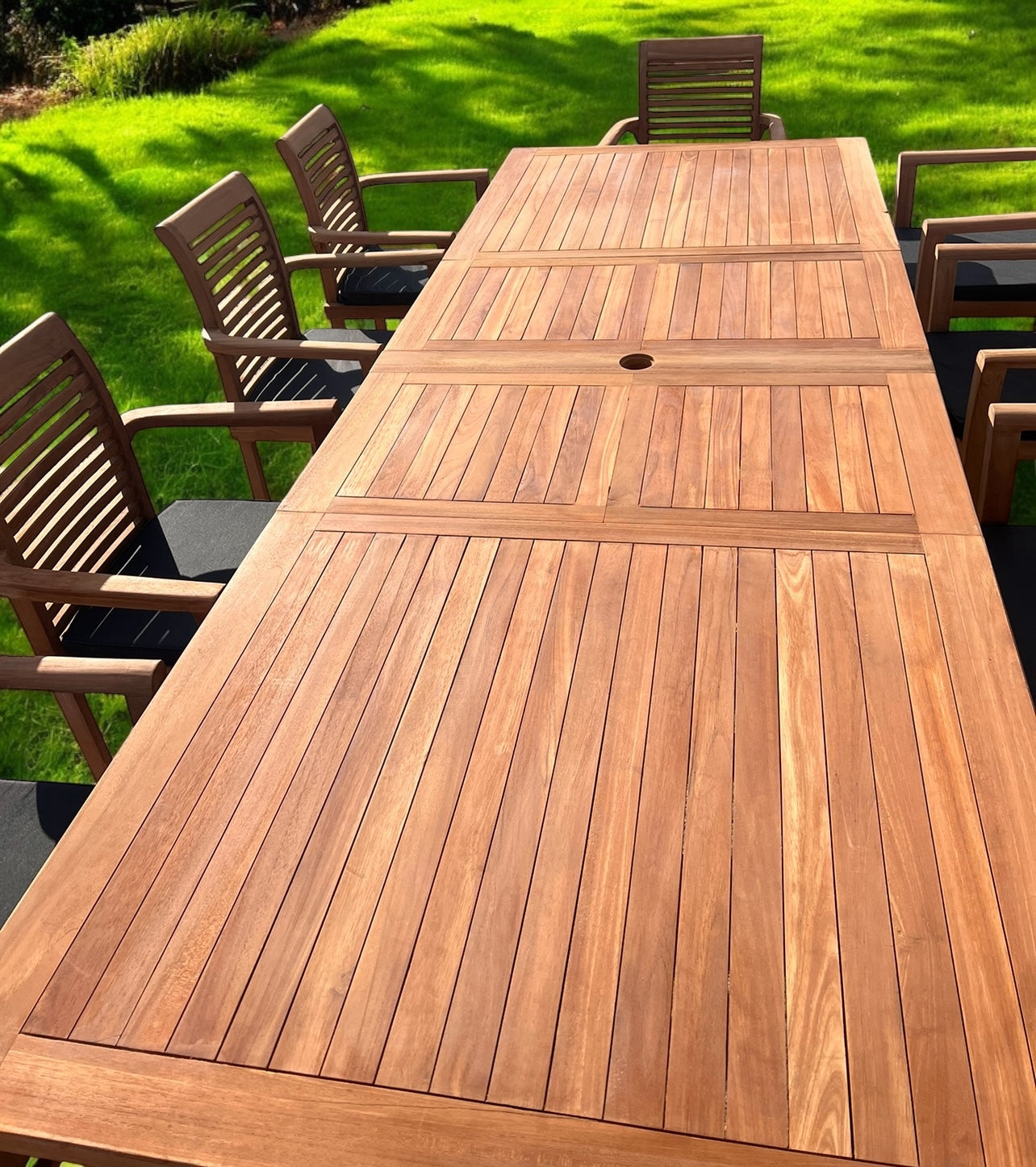 Teak Deluxe Garden Furniture Set 200cm - 300cm Dining Table 4CM Thick & 10 Chairs With Cushions