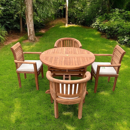 Teak Deluxe Garden Furniture Set 6 Seater 120cm - 170cm Dining Table 4  Enclave Stacking Chairs & 2 Harmony Chairs With Cushions