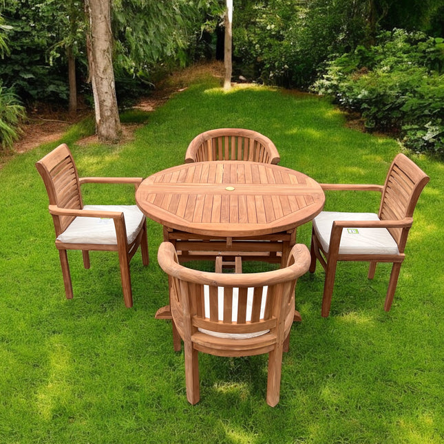 Teak Deluxe Garden Furniture Set 6 Seater 120cm - 170cm Dining Table 4  Enclave Stacking Chairs & 2 Harmony Chairs With Cushions