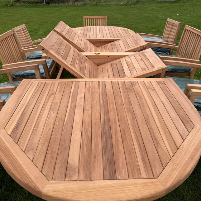 Teak Deluxe Garden Furniture Set 200cm - 300cm Dining Table 4CM Thick & 12 Elysian Chairs With Cushions