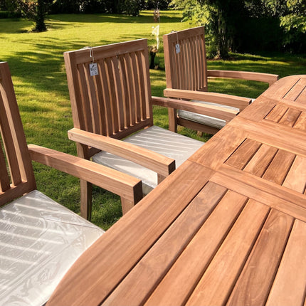 Teak Garden Furniture Set 180cm - 240cm Extending Dining Table 8 Elysian Stacking Chairs With Cushions
