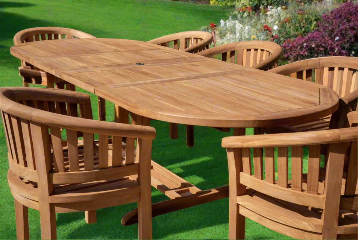 Teak Deluxe Garden Furniture Set 200cm - 300cm Oval Dining Table 4CM Thick & 8 Deluxe Banana Chairs With Cushions