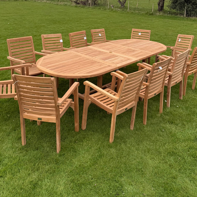 Teak Deluxe Garden Furniture Set 200cm - 300cm Dining Table 4CM Thick & 12 Chairs With Cushions