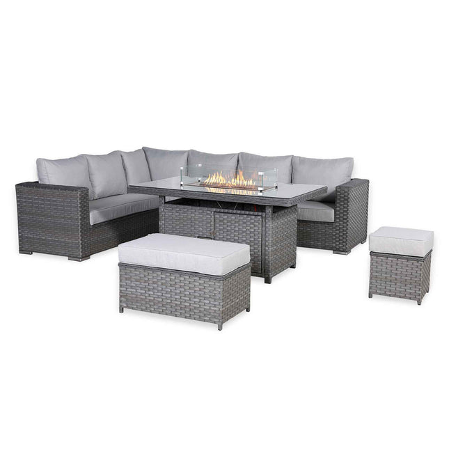 Calista Rattan Garden Furniture Corner Sofa Set With Firepit Table Grey