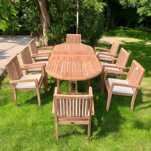 Teak Garden Furniture Set 180cm - 240cm Extending Dining Table 8 Elysian Stacking Chairs With Cushions
