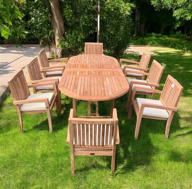 Teak Garden Furniture Set 180cm - 240cm Extending Dining Table 8 Elysian Stacking Chairs With Cushions