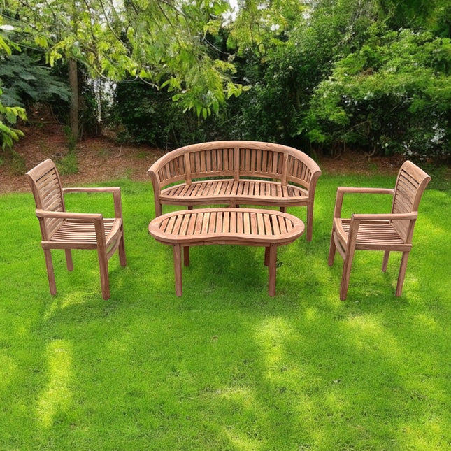 Teak Vertical Harmony Curved Garden Bench Set Coffee Table Two Enclave Stacking Chairs Four Piece