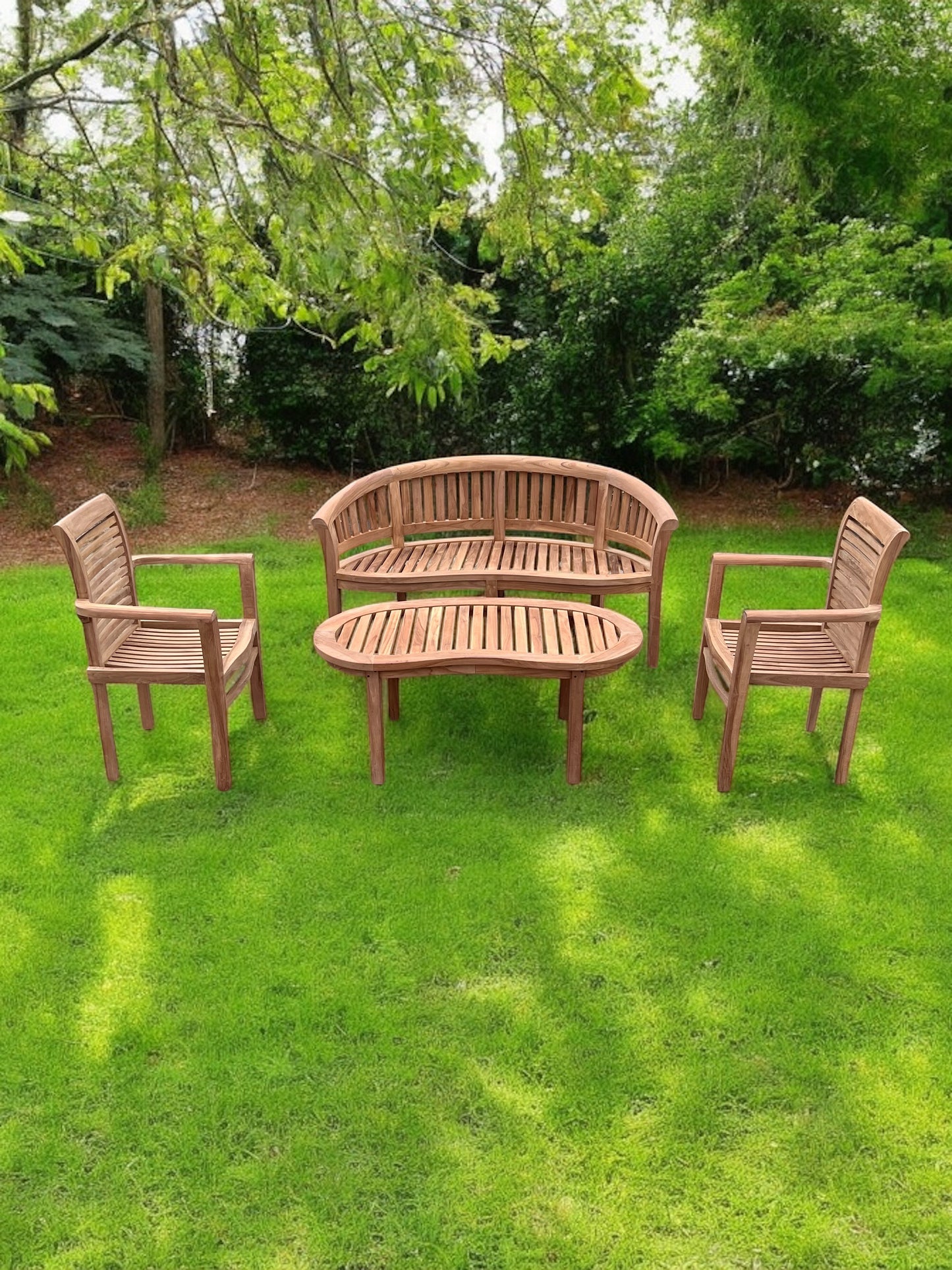 Teak Banana Curved Garden Bench Set Bench Coffee Table & Two Chairs Four Piece