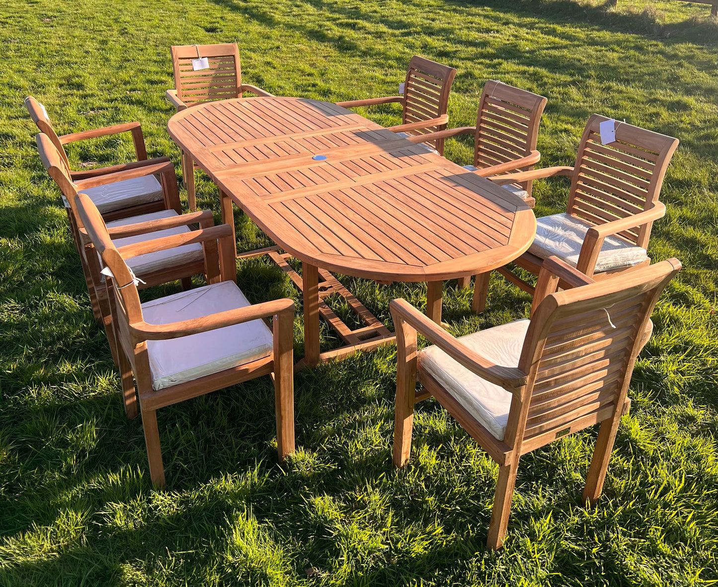 Teak Garden Furniture Set 180cm - 240cm Dining table & 6 Chairs with Cushions