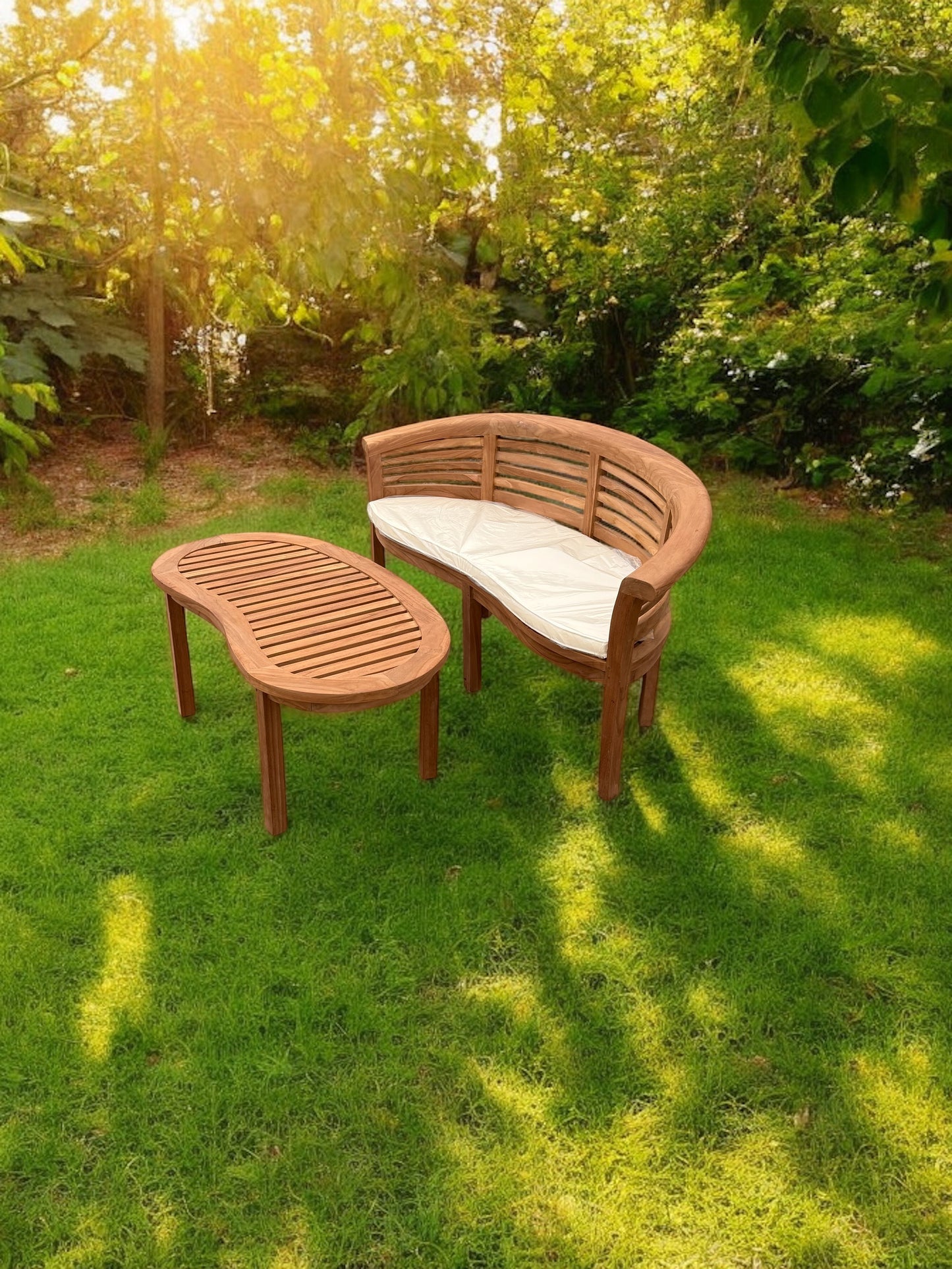 Teak Banana Curved Garden Bench Extra Thick (Deluxe) Horizontal With Coffee Table Two Piece Set