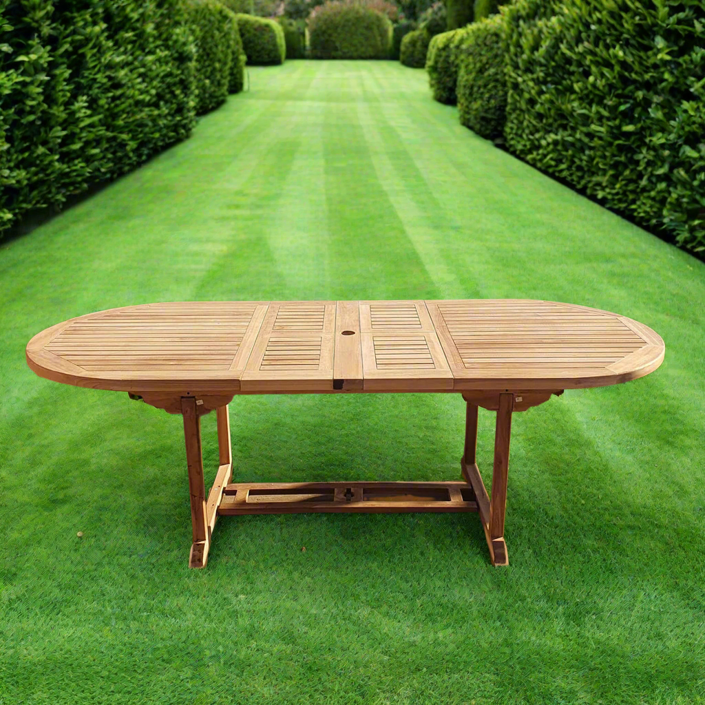 Teak Deluxe Garden Furniture Set 200cm - 300cm Oval Dining Table 4CM Thick & 8 Deluxe Banana Chairs With Cushions