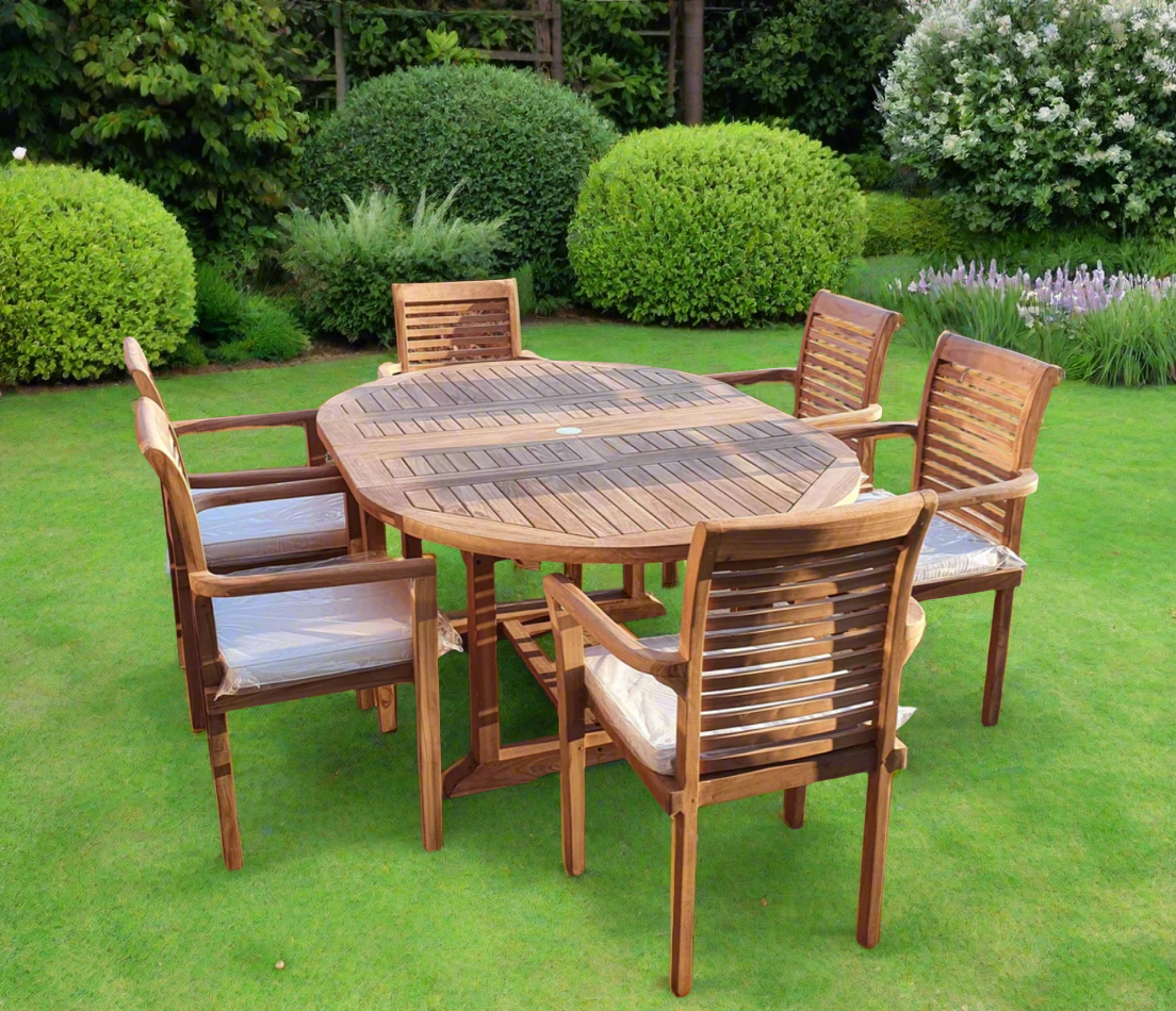 Teak Deluxe Garden Furniture Set 120cm - 170cm Dining Table 4cm Thick & 6 Chairs With Cushions