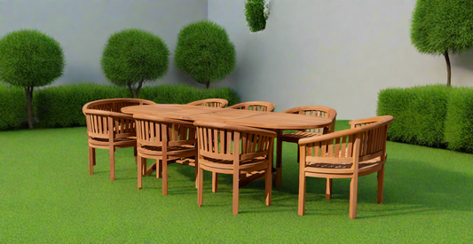 Teak Deluxe Garden Furniture Set 200cm - 300cm Oval Dining Table 4CM Thick 2 Banana Benches & 6 Banana Chairs With Cushions