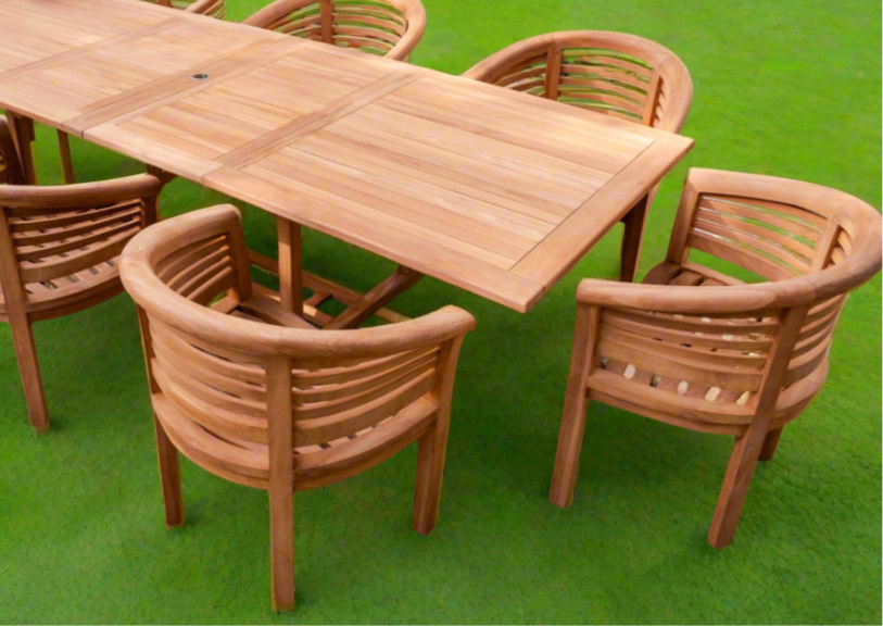 Teak Deluxe Garden Furniture Set 200cm - 300cm Rectangle Dining Table 4CM Thick & 8 Deluxe Horizontal Banana Chairs With Cushions