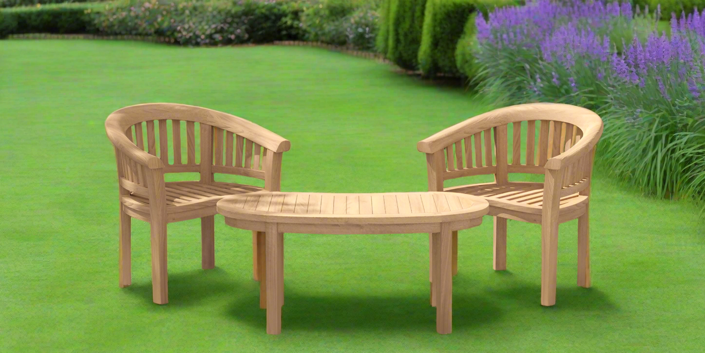 Teak Banana Curved Garden Bench Set With Coffee Table Three Piece