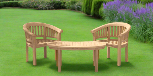 Teak Banana Curved Garden Bench Set With Coffee Table Three Piece