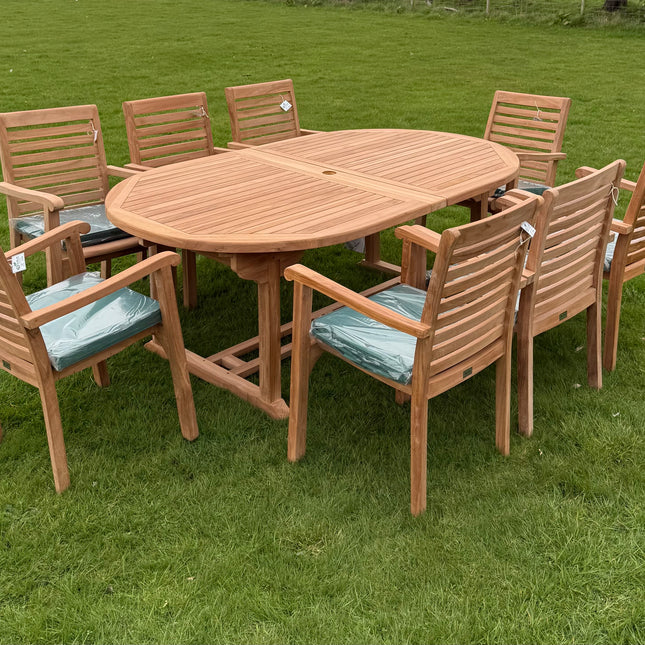 Teak Deluxe Garden Furniture Set 200cm - 300cm Dining Table 4CM Thick & 10 Chairs With Cushions