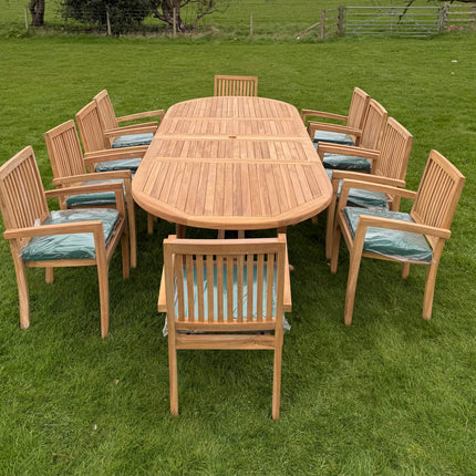 Teak Deluxe Garden Furniture Set 200cm - 300cm Dining Table 4CM Thick & 10 Elysian Chairs With Cushions