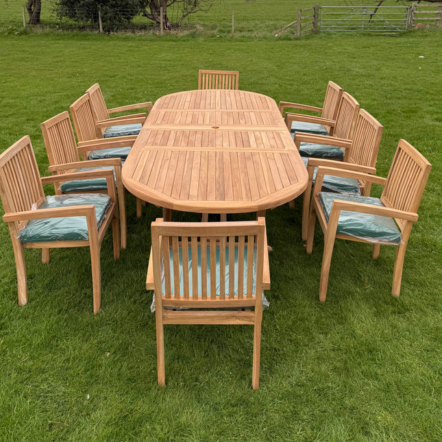 Teak Deluxe Garden Furniture Set 200cm - 300cm Dining Table 4CM Thick & 10 Elysian Chairs With Cushions